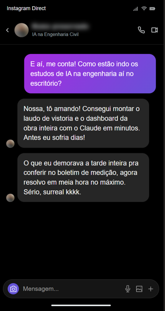 Conversa sobre laudo de vistoria, dashboard da obra e conferência do boletim de medição.