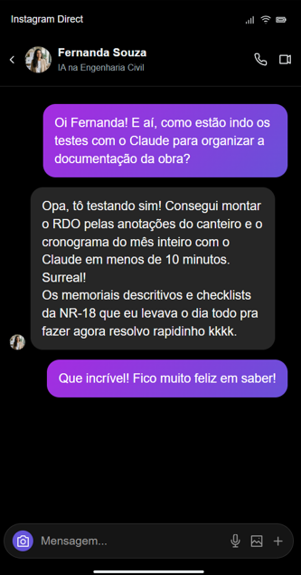 Conversa com Fernanda Souza sobre RDO, cronograma, memoriais descritivos e checklists da NR-18.