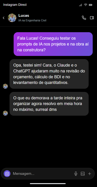 Conversa com Lucas sobre revisão de orçamento, cálculo de BDI e levantamento de quantitativos.
