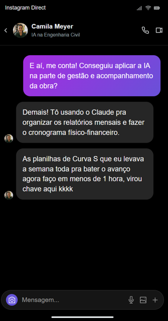 Conversa com Camila Meyer sobre relatórios mensais, cronograma físico-financeiro e Curva S.