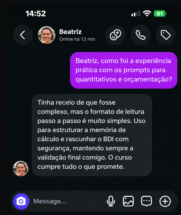 Depoimento de Beatriz sobre facilidade de uso dos prompts para quantitativos e orçamento.