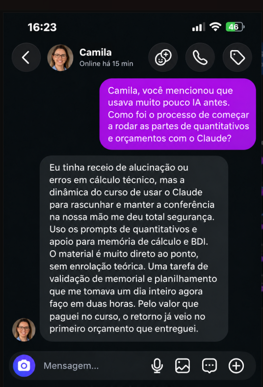 Depoimento de Camila sobre quantitativos, memória de cálculo, BDI e conferência técnica.