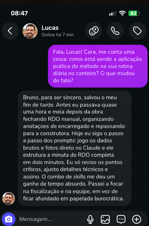 Depoimento de Lucas sobre agilidade na elaboração do RDO e mais tempo para fiscalização da obra.