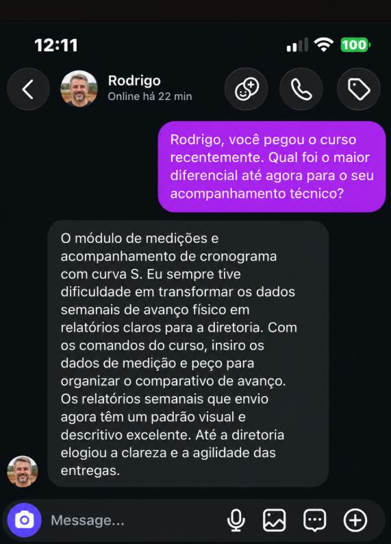 Depoimento de Rodrigo sobre medições, curva S e relatórios de avanço físico da obra.
