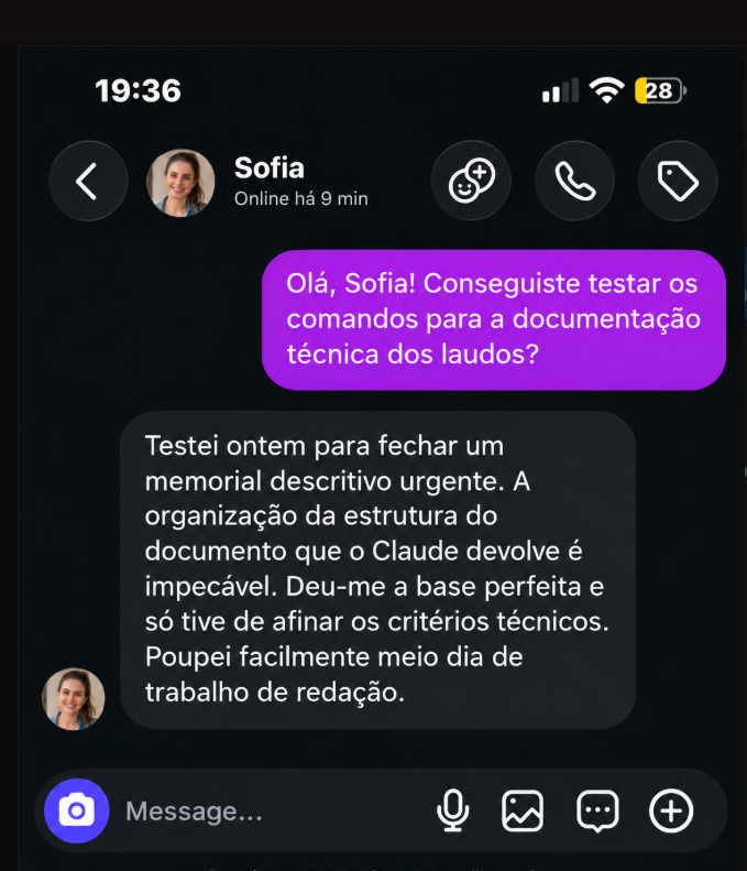 Depoimento de Sofia sobre economia de tempo na redação de um memorial descritivo.
