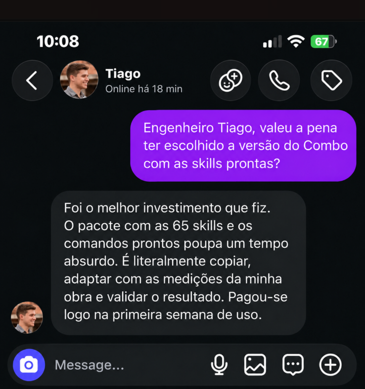 Depoimento de Tiago sobre o combo com 65 skills e comandos prontos aplicados à obra.
